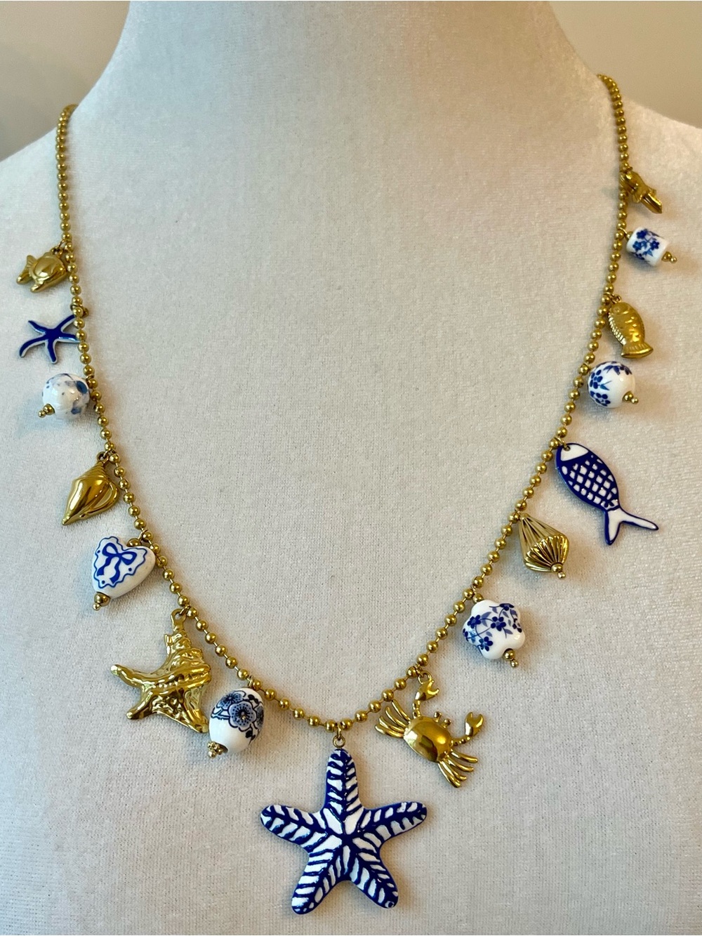Gold-Tone Steel Ceramic Blue & White Starfish Charm Necklace